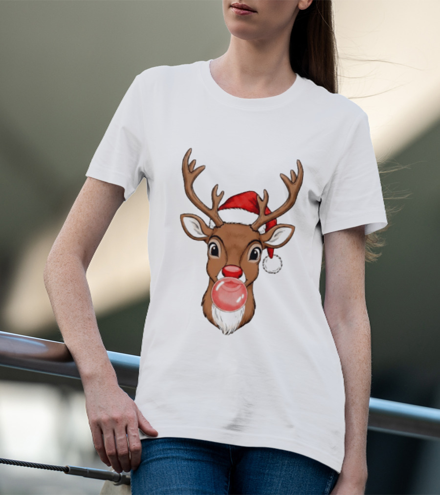 Merry Christmas Reindeer Santa Hat Bubble Gum Red Nose T-Shirt