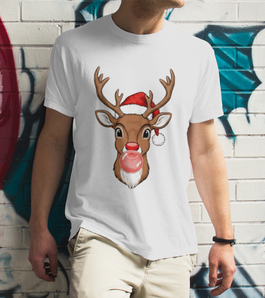 Merry Christmas Reindeer Santa Hat Bubble Gum Red Nose T-Shirt