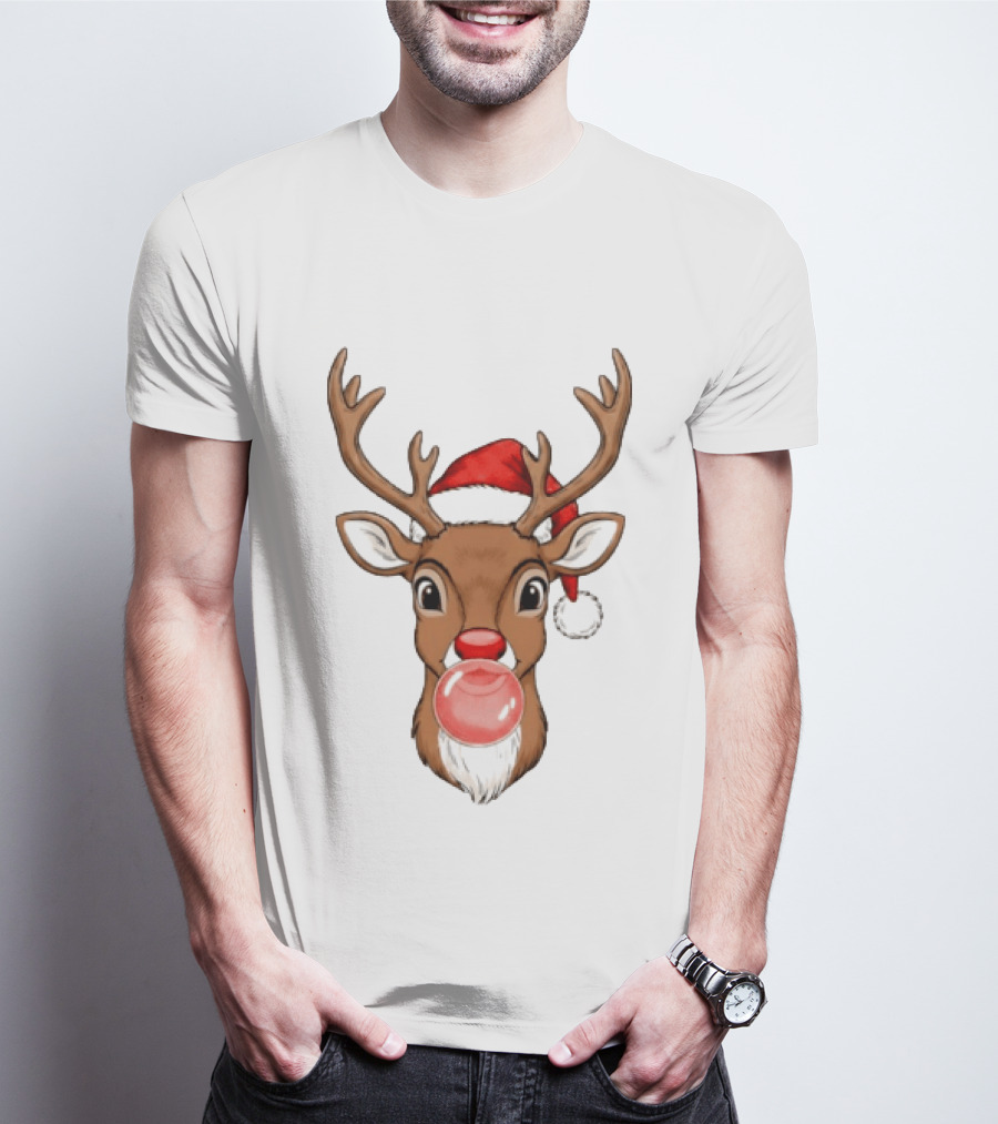 Merry Christmas Reindeer Santa Hat Bubble Gum Red Nose T-Shirt