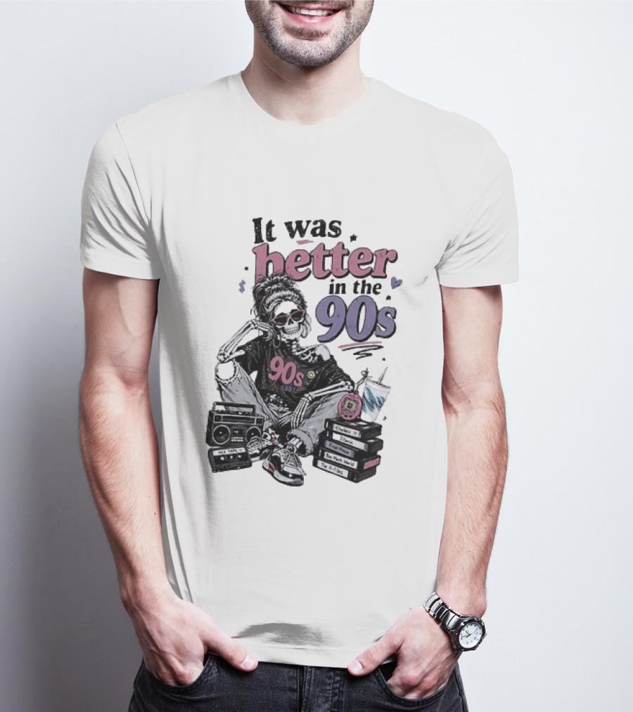 It Was Better In The 90s Skeleton Nostalgia Vibes Cassette Tapes And Books T-Shirt