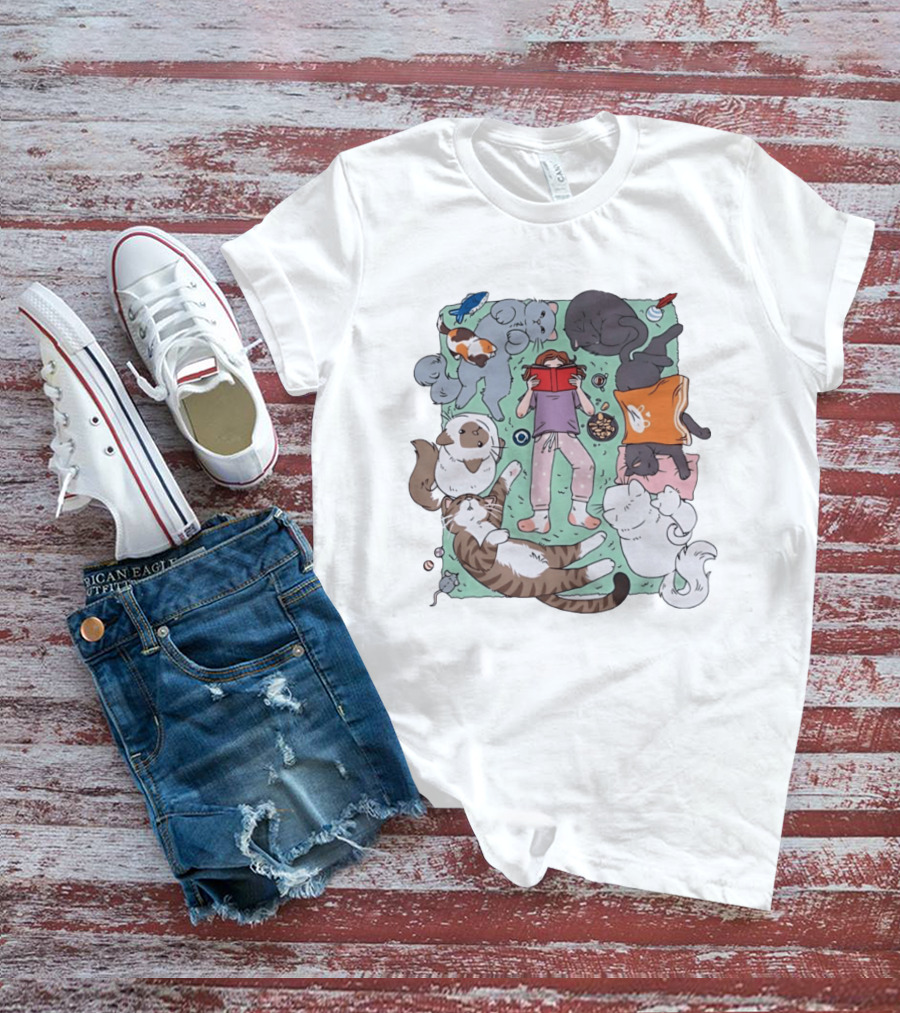 Girl Reading A Book With Cats Around Her Cat Lover T-Shirt