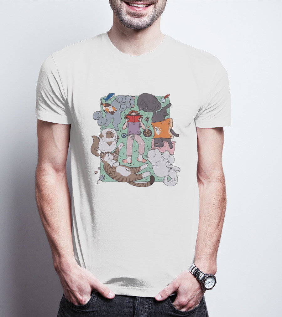 Girl Reading A Book With Cats Around Her Cat Lover T-Shirt