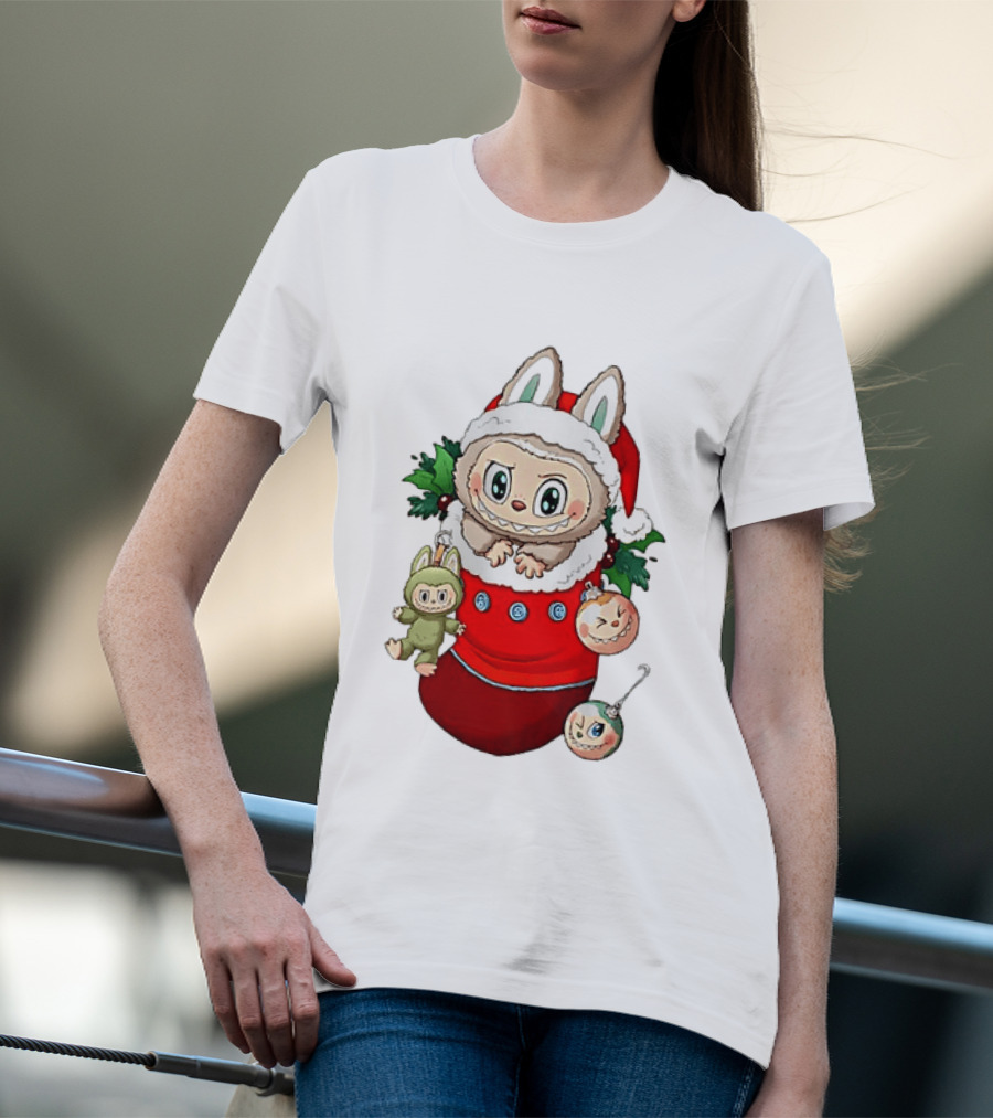 Stocking Stuffer Labubu Christmas Santa Hat Holly Ornaments T-Shirt