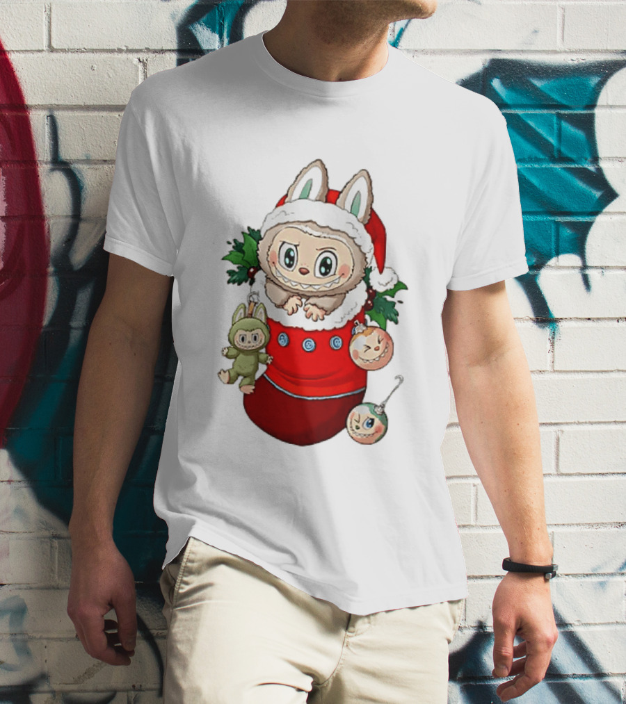Stocking Stuffer Labubu Christmas Santa Hat Holly Ornaments T-Shirt