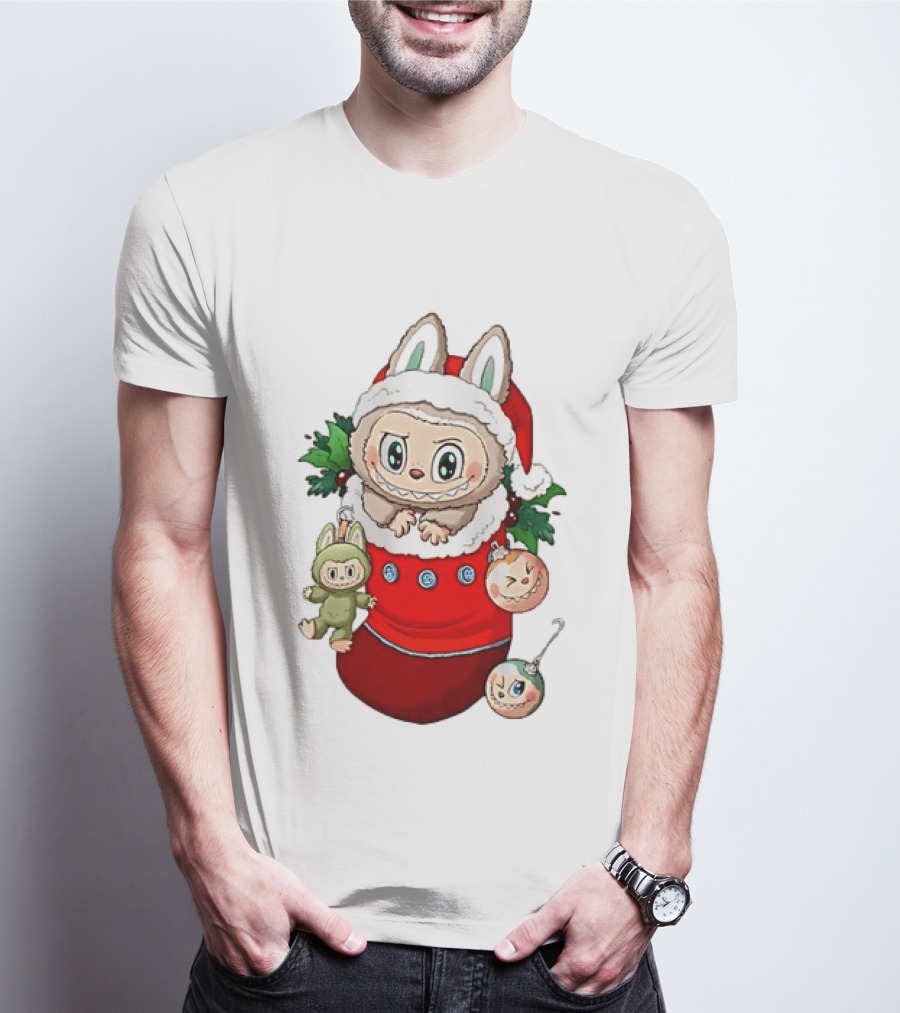 Stocking Stuffer Labubu Christmas Santa Hat Holly Ornaments T-Shirt