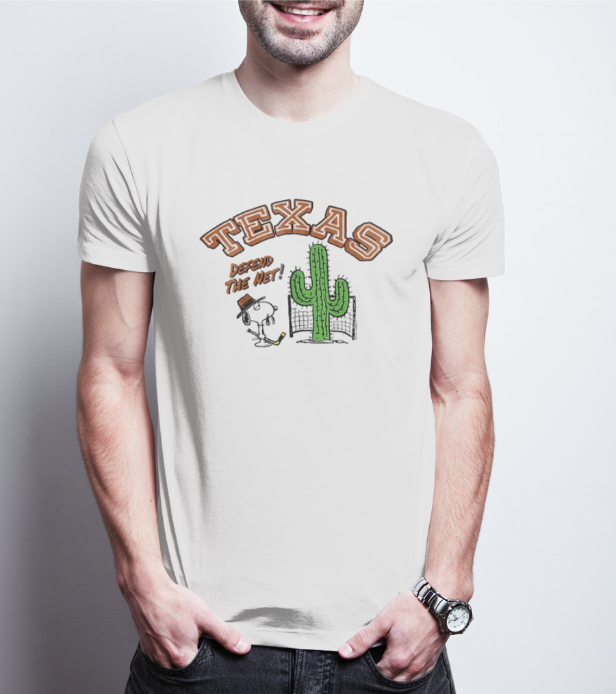 Texas Peanuts Snoopy Defend The Net Hockey Cactus T-Shirt