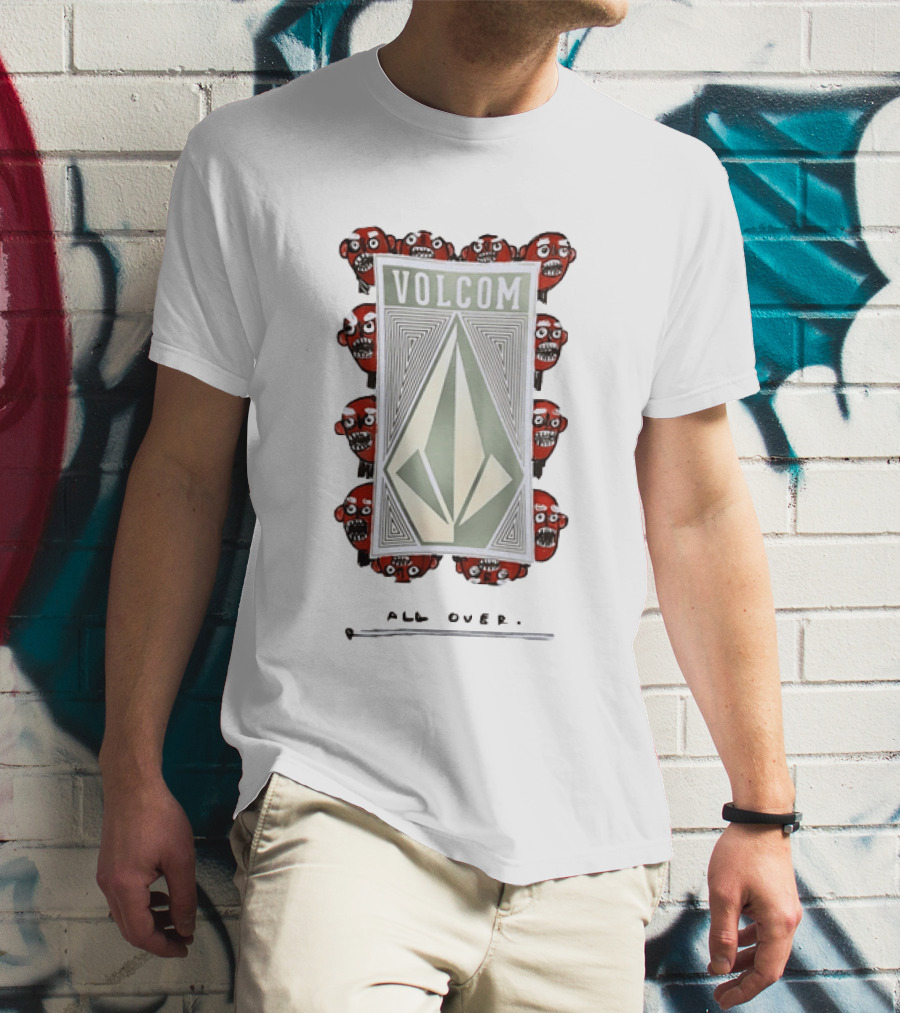 Volcom All Over Streetwear Skateboarding With Red Skull Faces T-Shirt