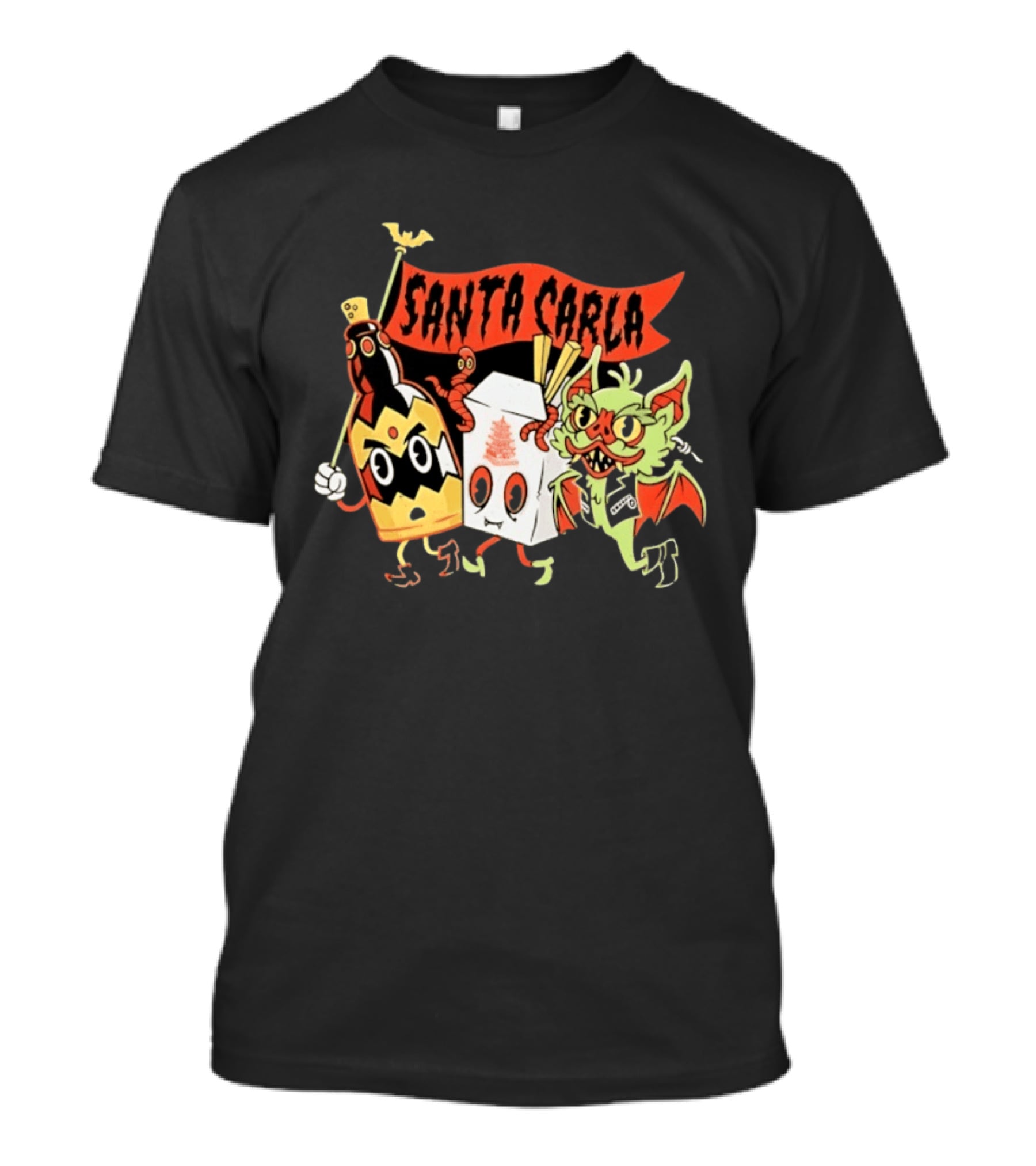 Santa Carla Cartoon Vampire Characters And Food Box With Flag T-Shirt