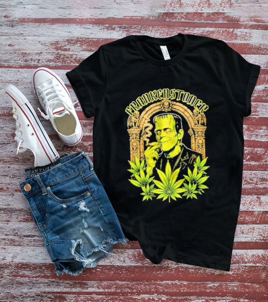 Frankenstoner Frankenstein Marijuana Smoking Arch Skulls T-Shirt