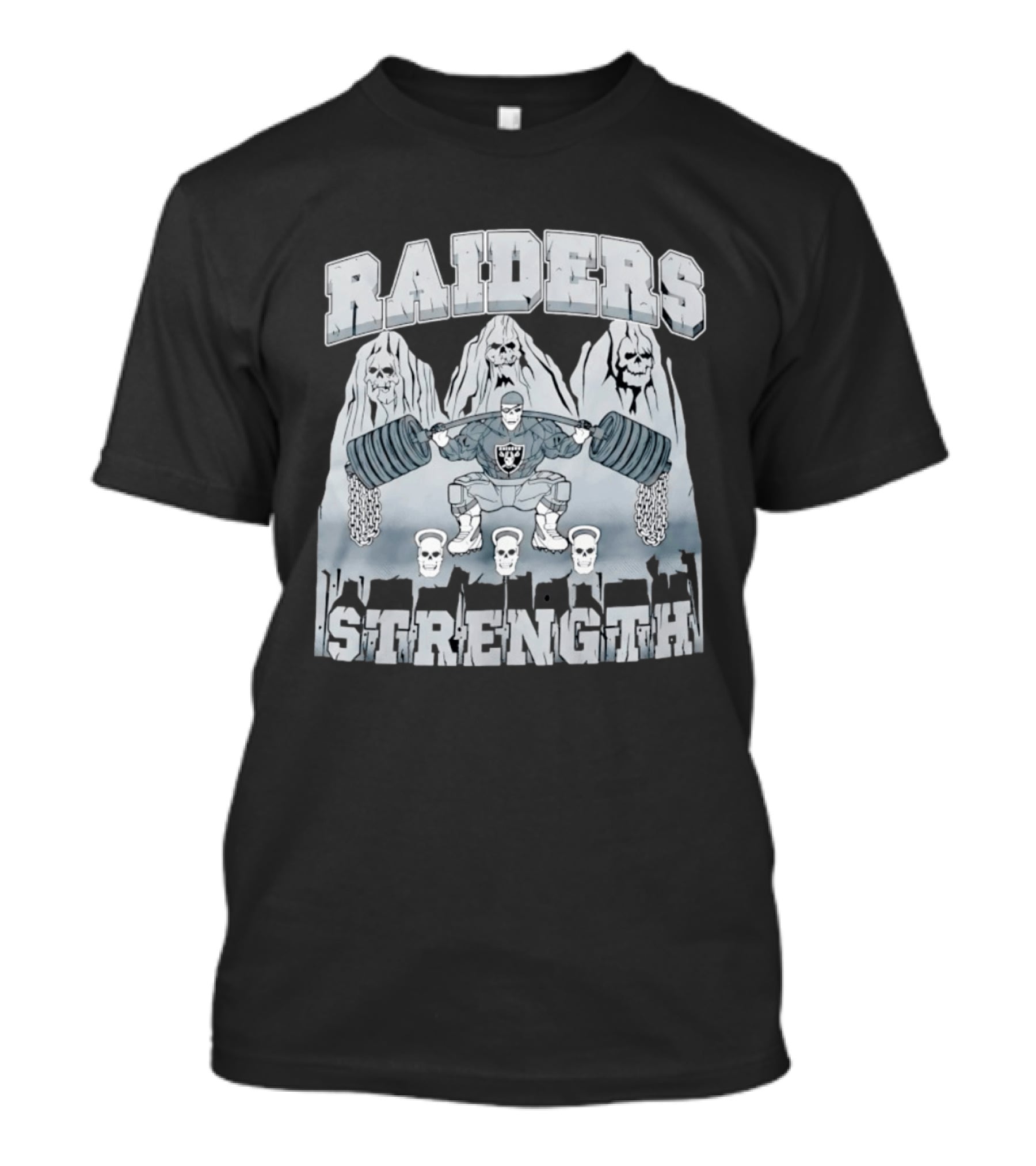 Raiders Strength Skull Weightlifter Grunge Style Powerlifting Motif T-Shirt