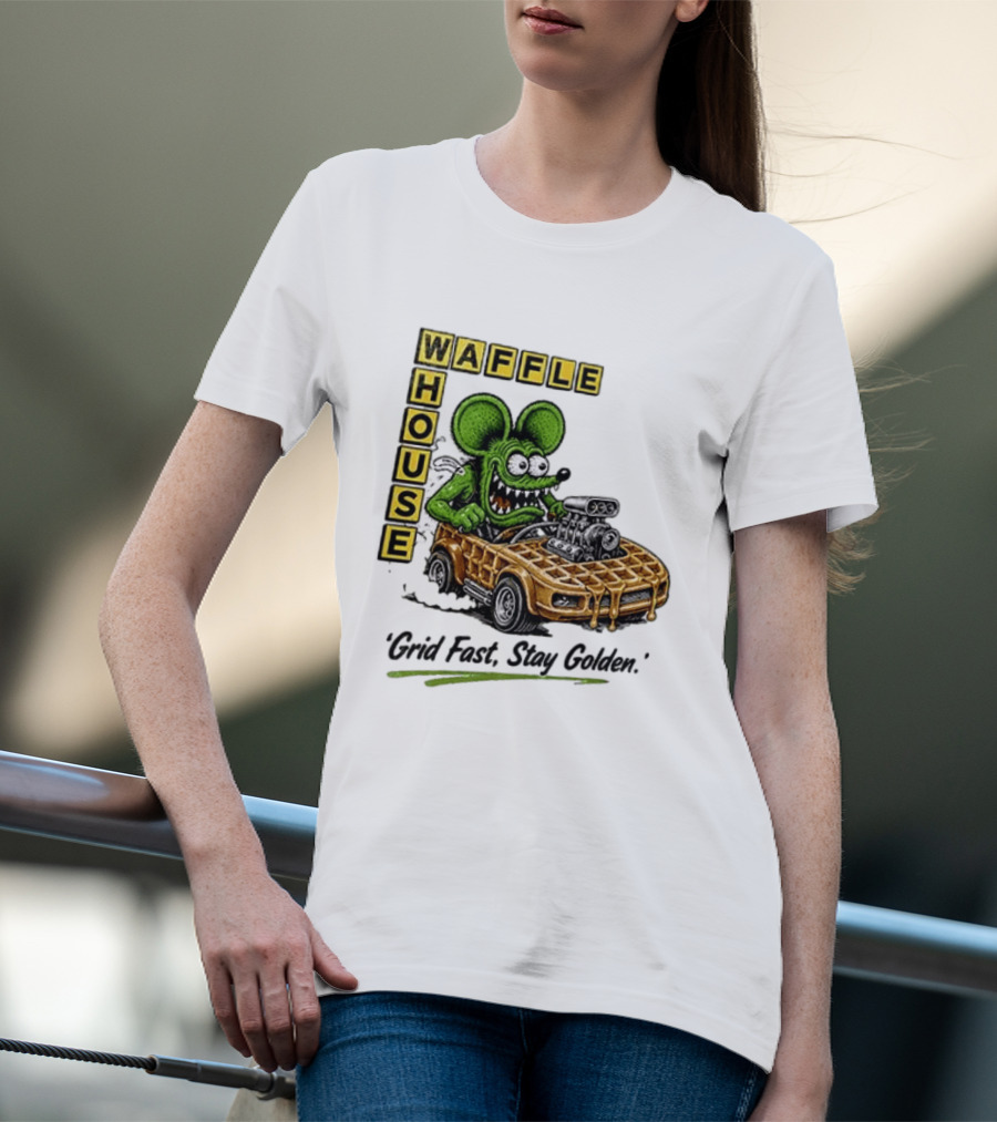 Rat Fink Waffle House Grid Fast Stay Golden Car Racer T-Shirt