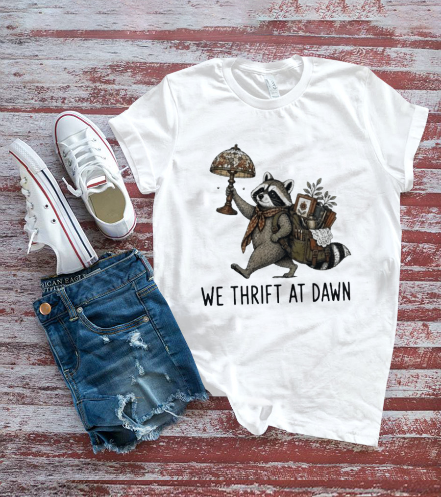 Raccoon With Backpack And Lamp We Thrift At Dawn T-Shirt