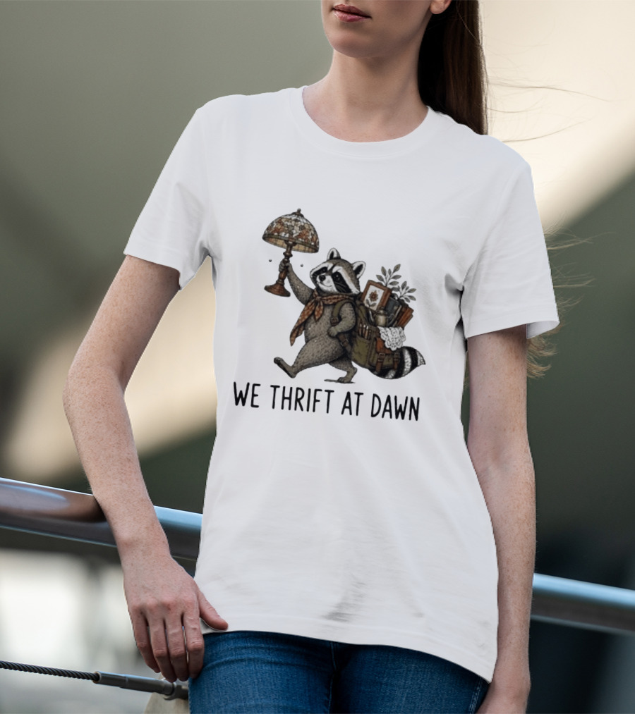Raccoon With Backpack And Lamp We Thrift At Dawn T-Shirt