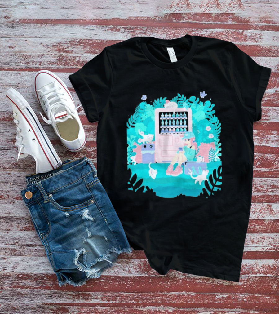 Cat Vending Machine Pastel Aesthetic With Sitting Girl And Cats T-Shirt