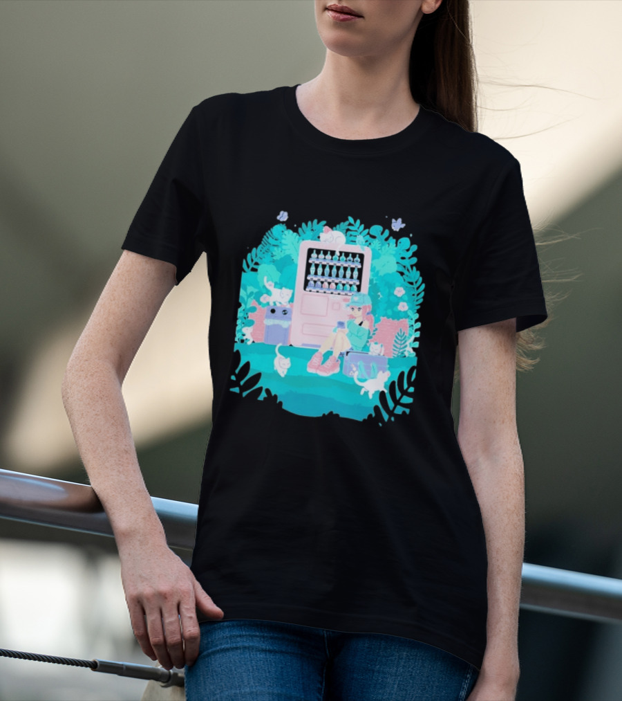 Cat Vending Machine Pastel Aesthetic With Sitting Girl And Cats T-Shirt