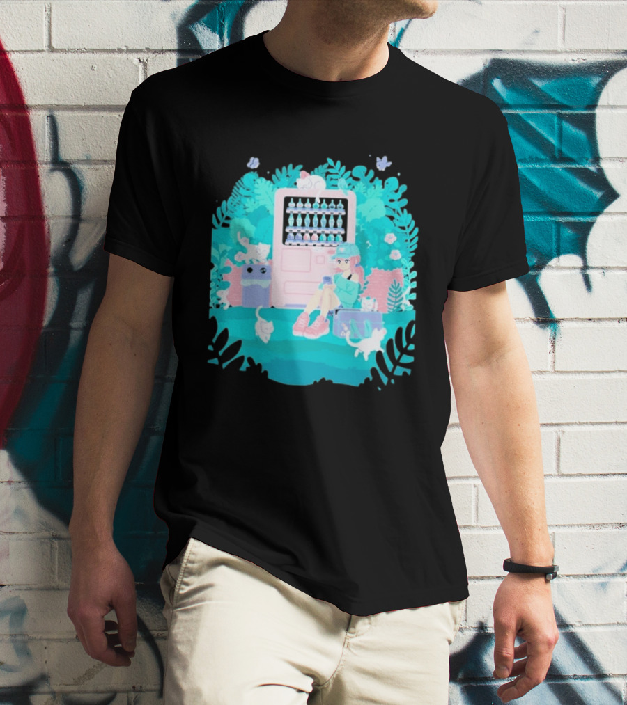 Cat Vending Machine Pastel Aesthetic With Sitting Girl And Cats T-Shirt