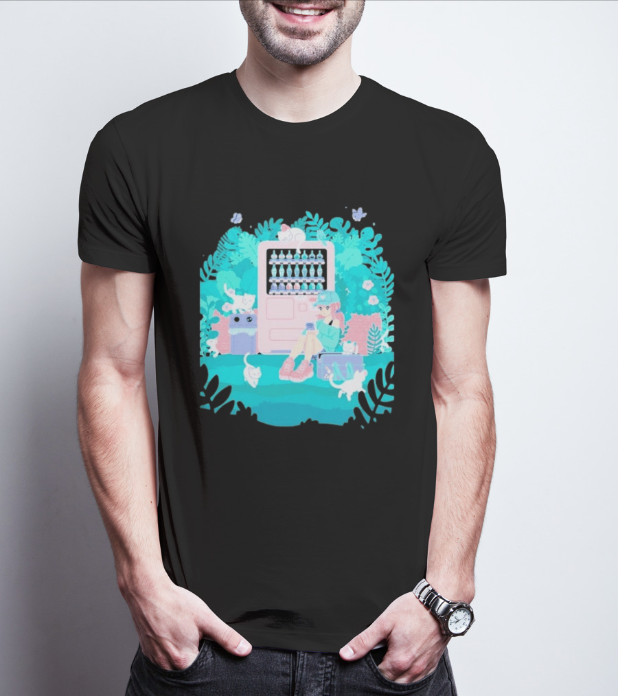 Cat Vending Machine Pastel Aesthetic With Sitting Girl And Cats T-Shirt