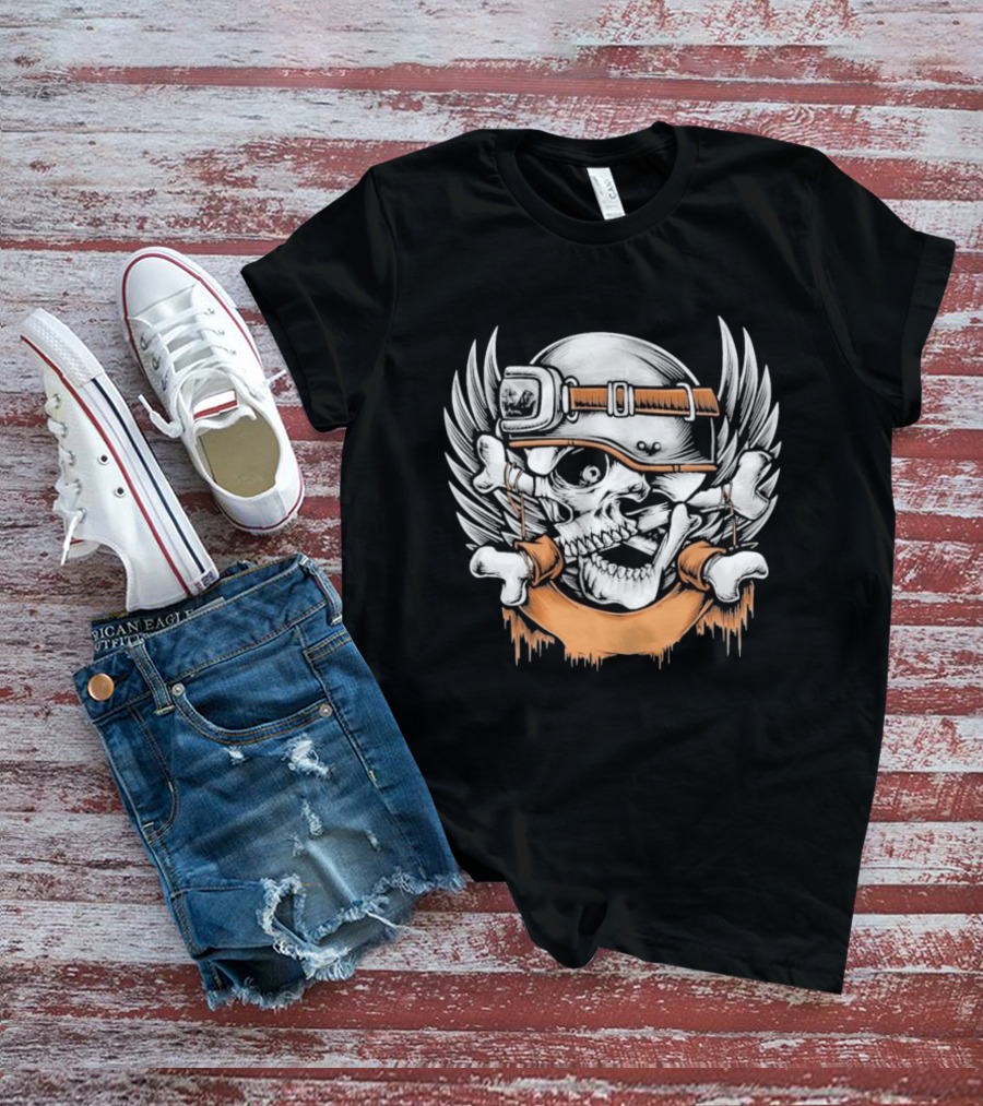 Skull With Helmet Winged Bones Biker Motif T-Shirt