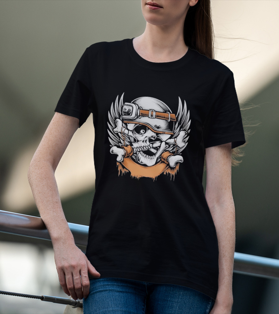 Skull With Helmet Winged Bones Biker Motif T-Shirt