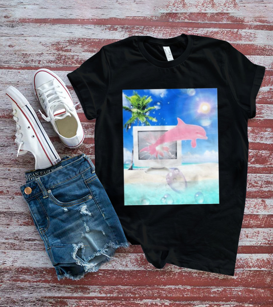Frutiger Aero Y2k Vaporwave Palm Tree Pink Dolphin Cyberpunk Aesthetic T-Shirt