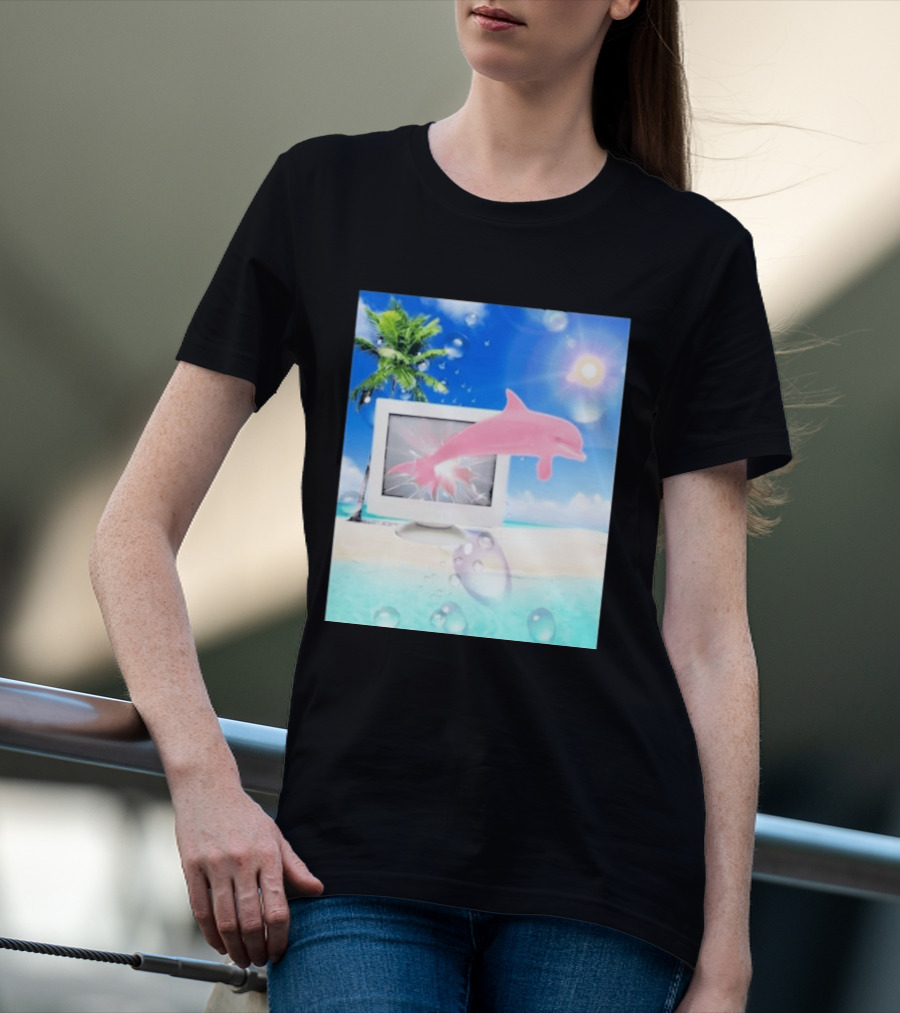 Frutiger Aero Y2k Vaporwave Palm Tree Pink Dolphin Cyberpunk Aesthetic T-Shirt
