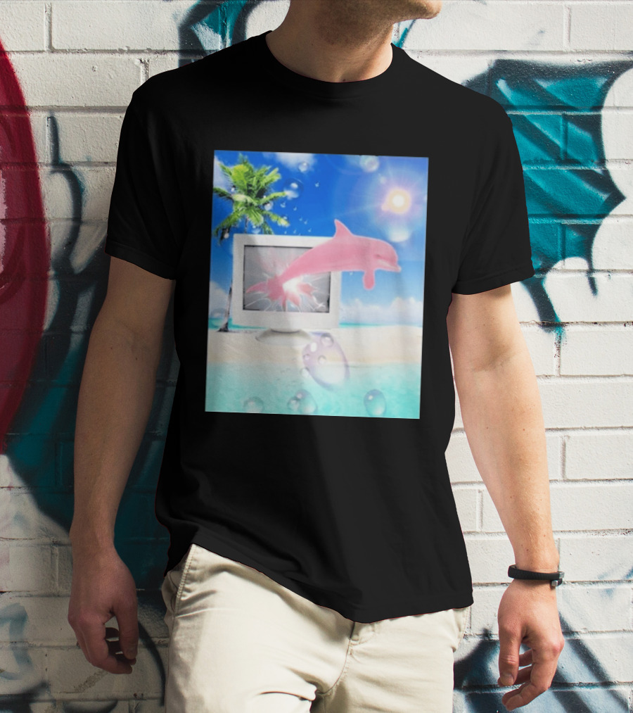 Frutiger Aero Y2k Vaporwave Palm Tree Pink Dolphin Cyberpunk Aesthetic T-Shirt