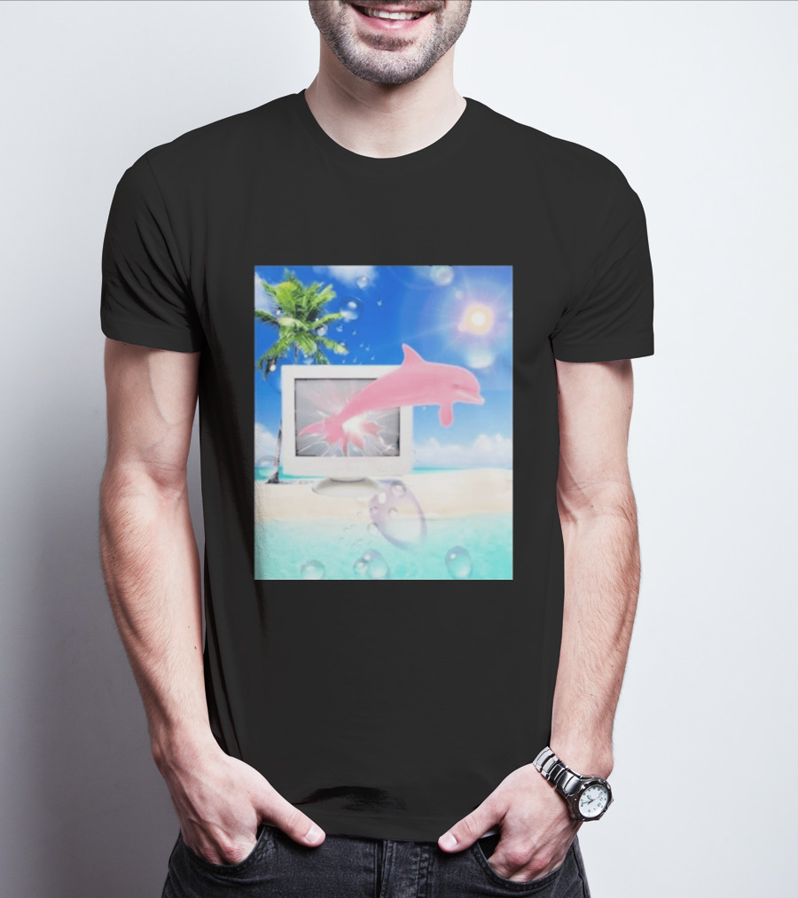 Frutiger Aero Y2k Vaporwave Palm Tree Pink Dolphin Cyberpunk Aesthetic T-Shirt