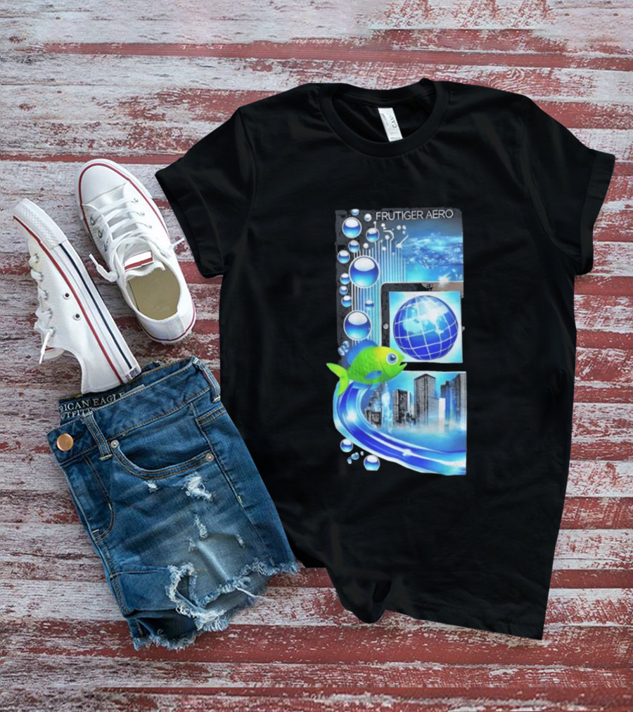 Frutiger Aero Y2K Global Tech Cityscape With Digital Fish And Blue T-Shirt
