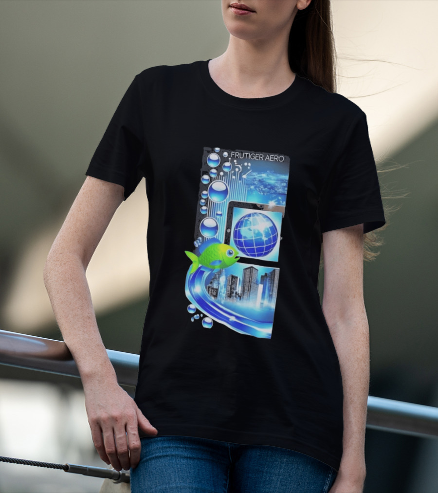Frutiger Aero Y2K Global Tech Cityscape With Digital Fish And Blue T-Shirt