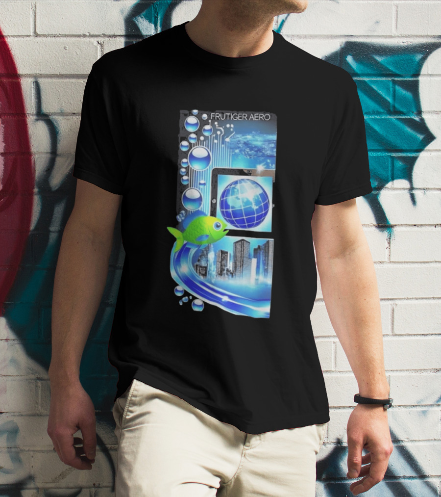 Frutiger Aero Y2K Global Tech Cityscape With Digital Fish And Blue T-Shirt