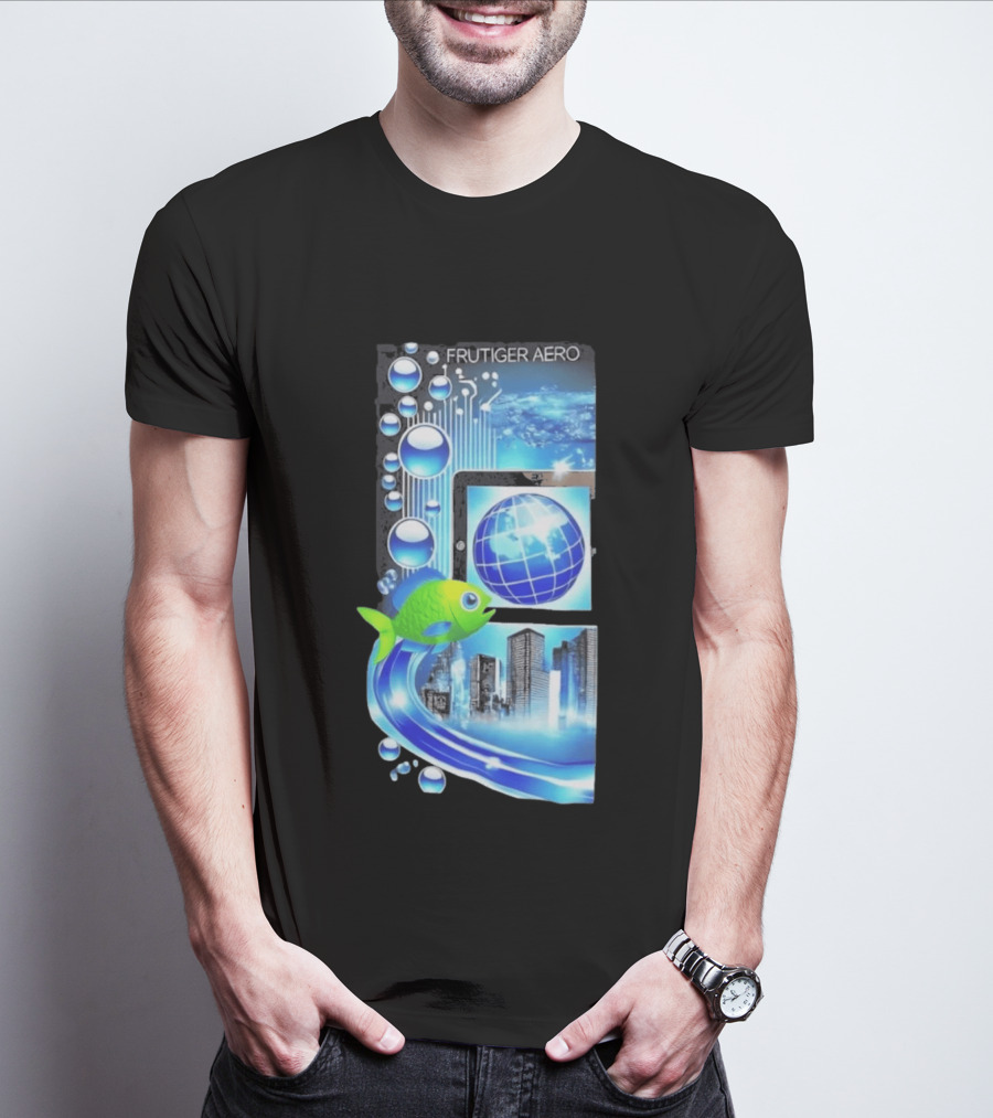 Frutiger Aero Y2K Global Tech Cityscape With Digital Fish And Blue T-Shirt