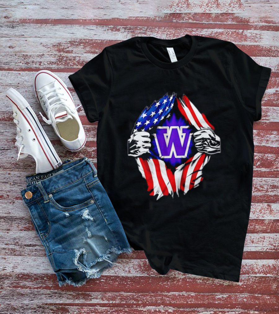 Washington Huskies W Logo American Flag Ripped Chest T-Shirt