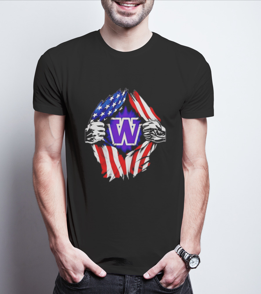 Washington Huskies W Logo American Flag Ripped Chest T-Shirt