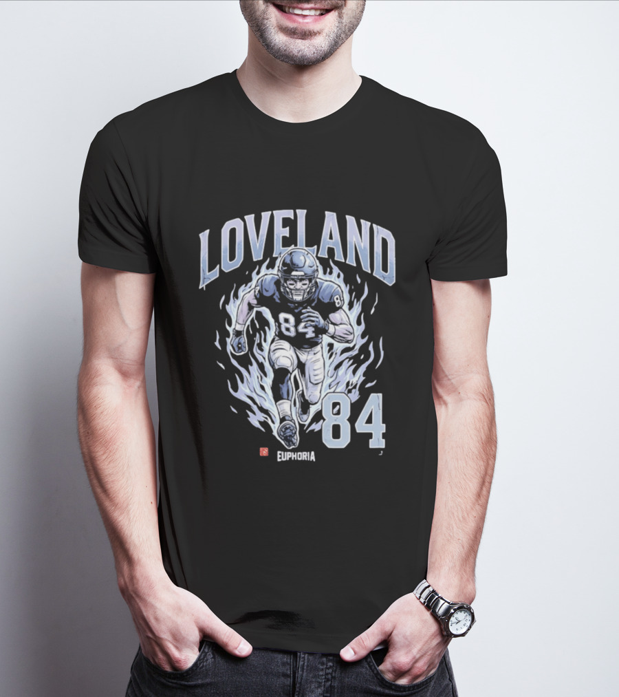 Loveland 84 Euphoria Football Player Blue Flames Athletic T-Shirt