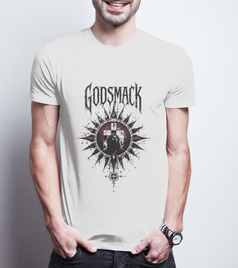 Godsmack X Jesus I Stand Before God Not Perfect Just Forgiven Christian Rock Cross Sun T-Shirt
