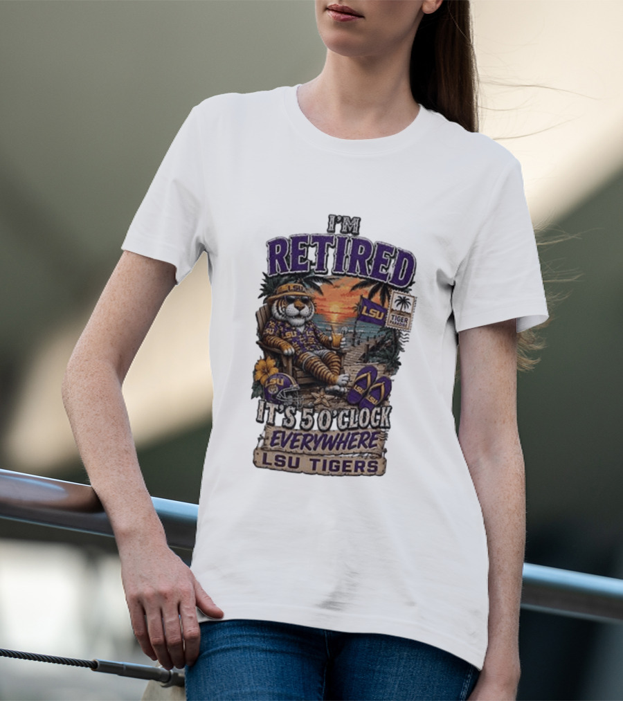 LSU Tigers I'm Retired It's 5 O' Everywhere Beach Relaxation With Palm Trees And Sunset T-Shirt