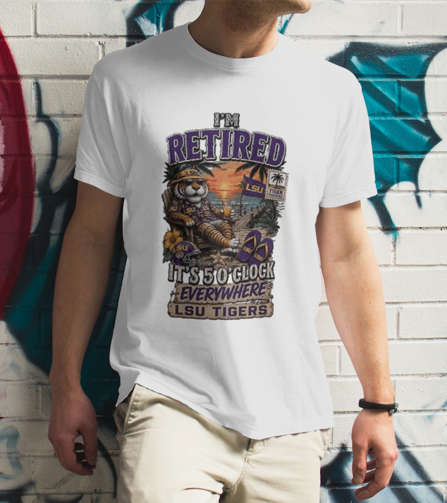 LSU Tigers I'm Retired It's 5 O' Everywhere Beach Relaxation With Palm Trees And Sunset T-Shirt