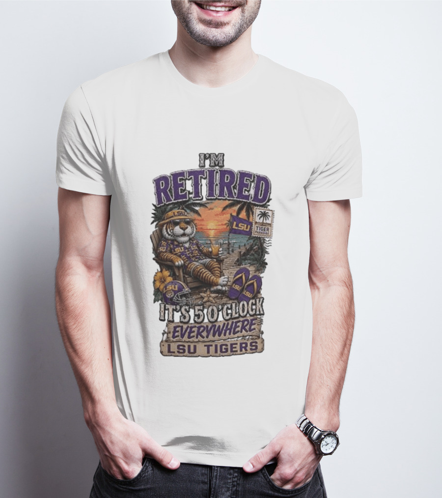 LSU Tigers I'm Retired It's 5 O' Everywhere Beach Relaxation With Palm Trees And Sunset T-Shirt