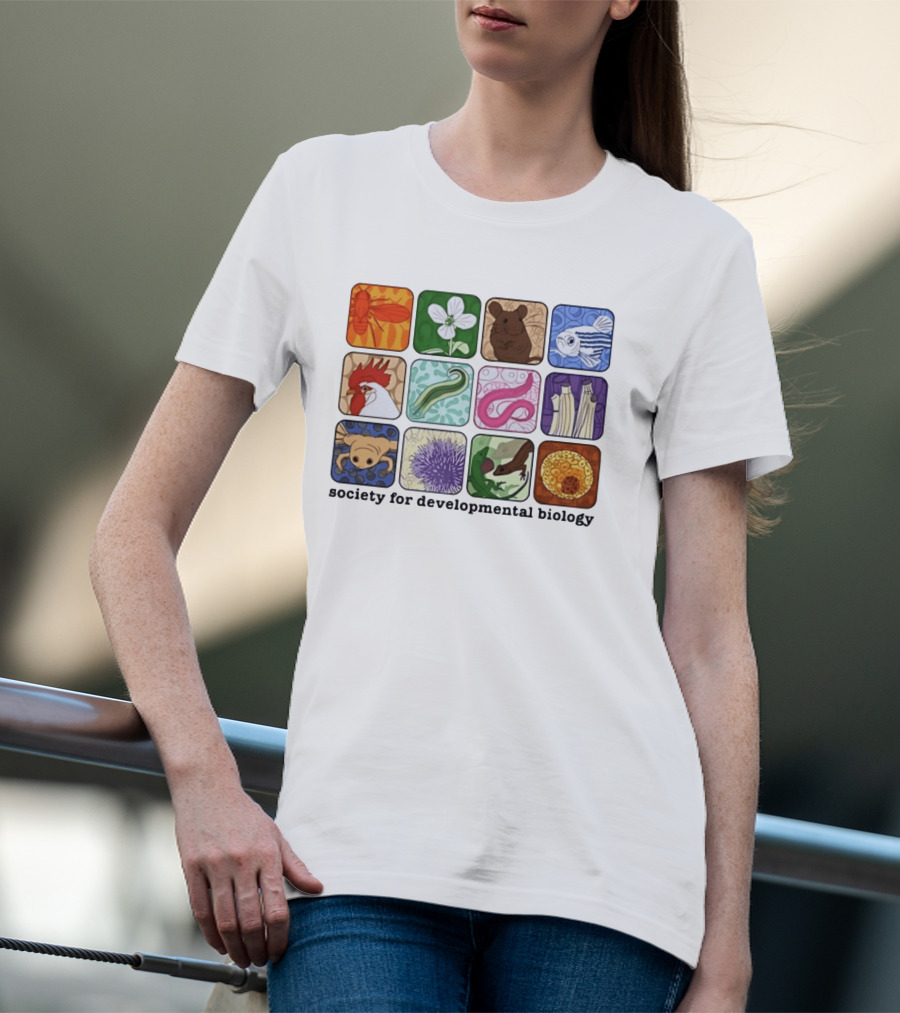 Society For Developmental Biology Model Organisms Collage Fly Plant Mouse Fish Chicken Worm Frog Plant Embryo Egg Cell T-Shirt