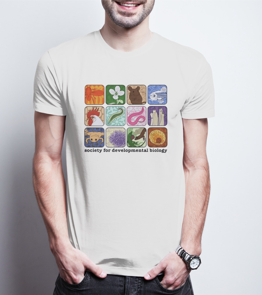 Society For Developmental Biology Model Organisms Collage Fly Plant Mouse Fish Chicken Worm Frog Plant Embryo Egg Cell T-Shirt