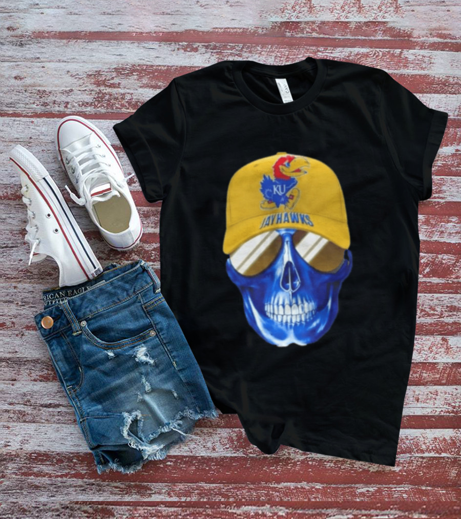 Kansas Jayhawks Skull Cap Fans Wear KU Jayhawks Edition T-Shirt
