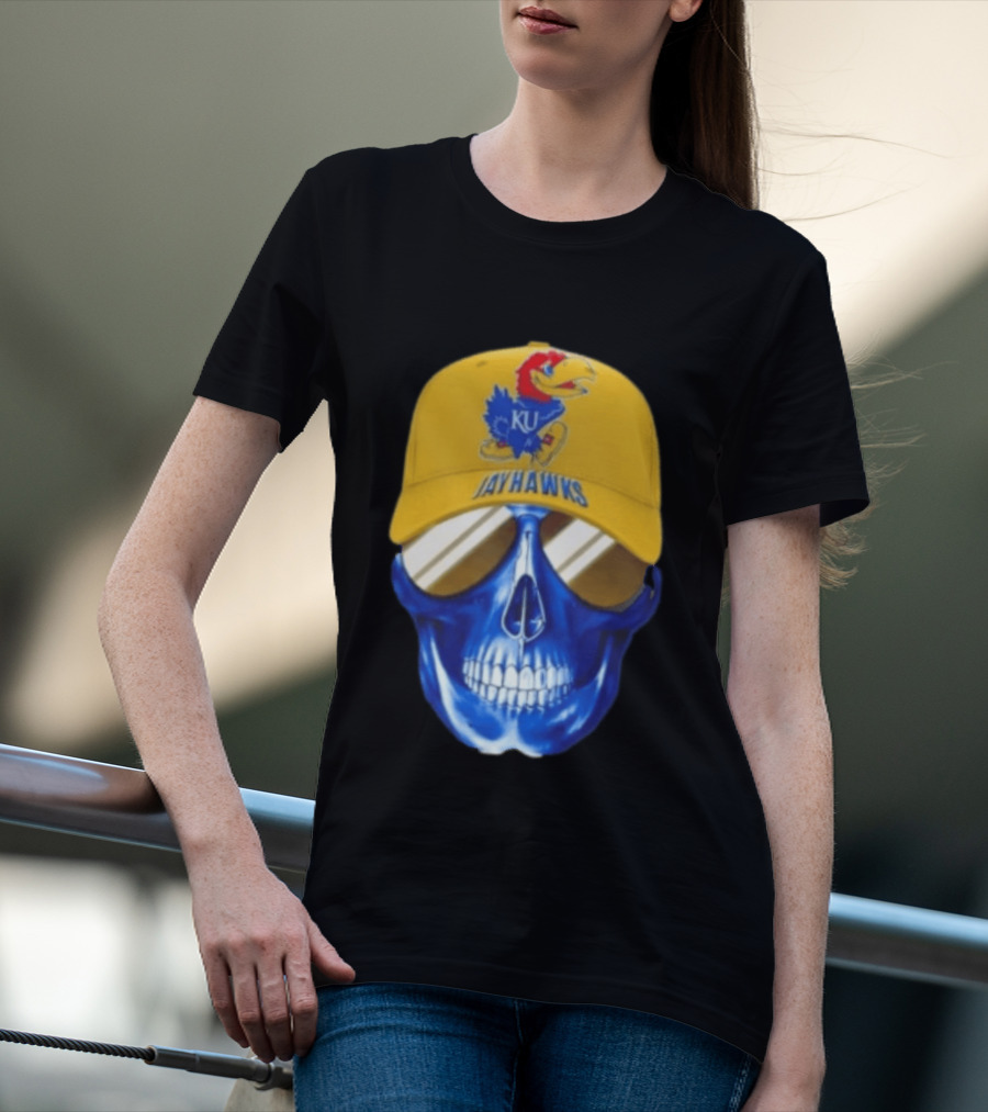 Kansas Jayhawks Skull Cap Fans Wear KU Jayhawks Edition T-Shirt
