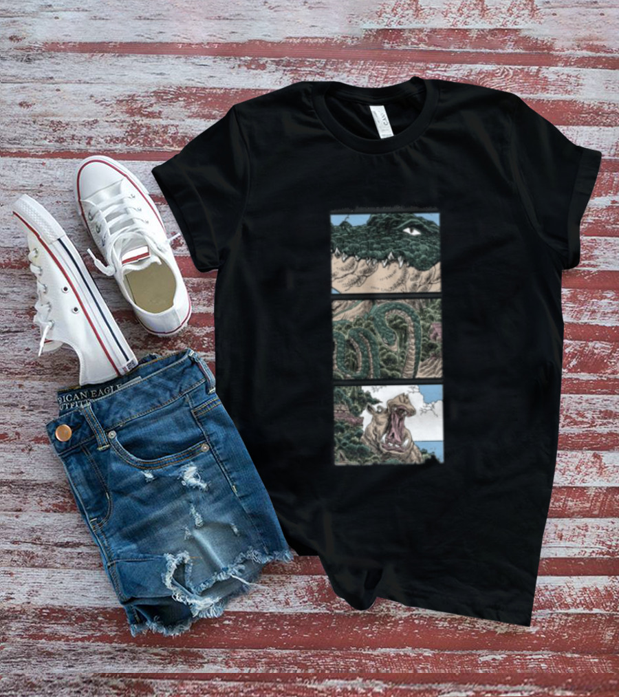 The Longest Johns Store Ends Of The Earth UK Tour Black Crocodile And Dinosaur Comic Strip T-Shirt