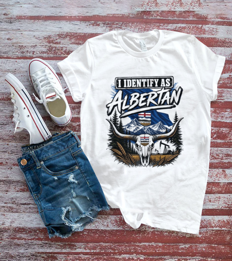 I Identify As Albertan Alberta Flag Longhorn Skull Wheat Forest Scene T-Shirt