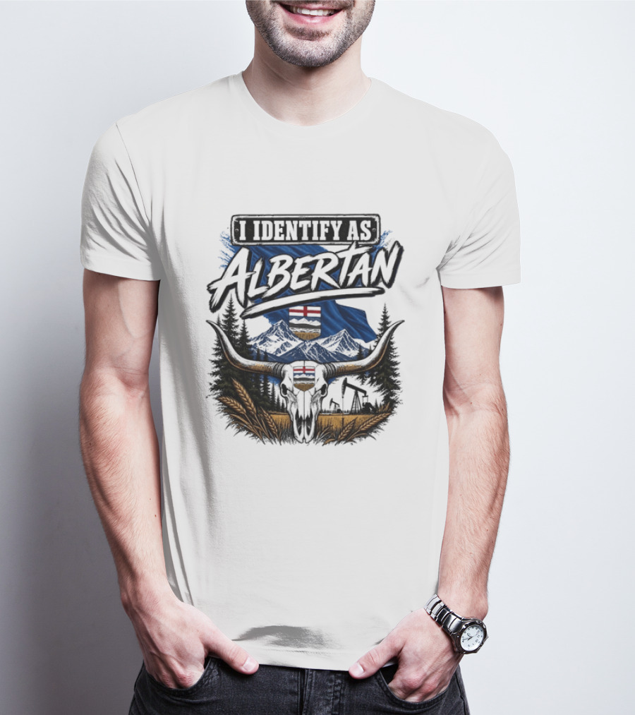 I Identify As Albertan Alberta Flag Longhorn Skull Wheat Forest Scene T-Shirt