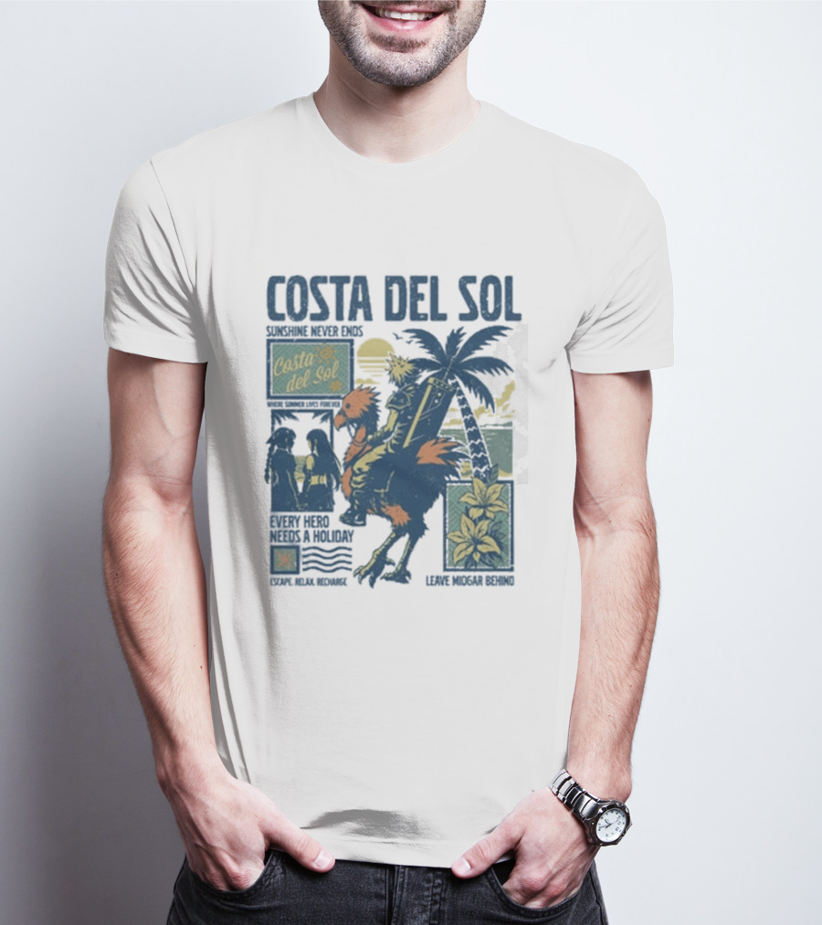 Costa Del Sol Final Fantasy Chocobo Beach Scene Palm Trees T-Shirt