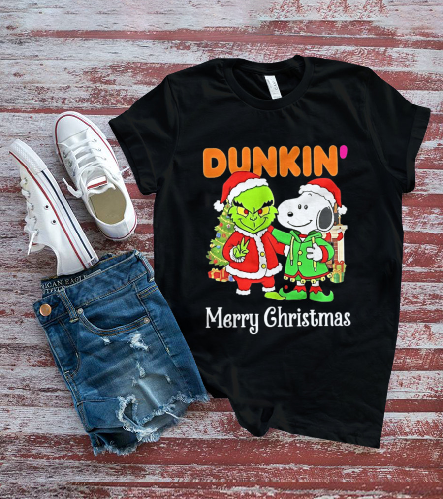 Dunkin Merry Christmas Grinch Snoopy Santas T-Shirt