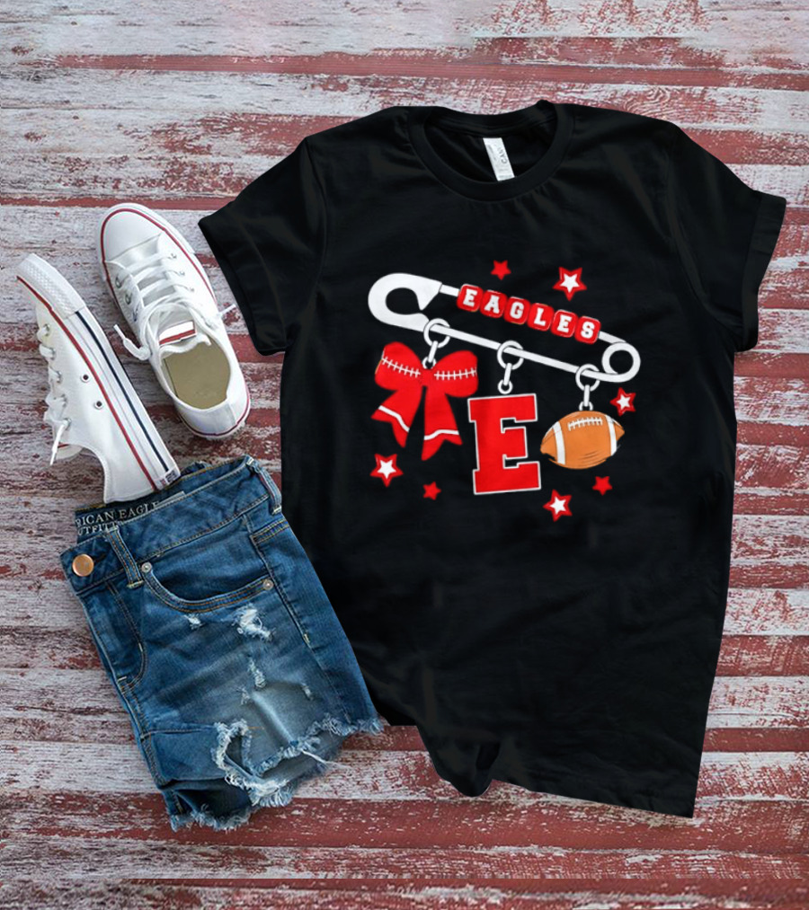Eagles Safety Pin Charm Football Bow Letter E Stars T-Shirt