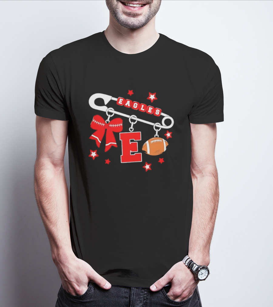 Eagles Safety Pin Charm Football Bow Letter E Stars T-Shirt