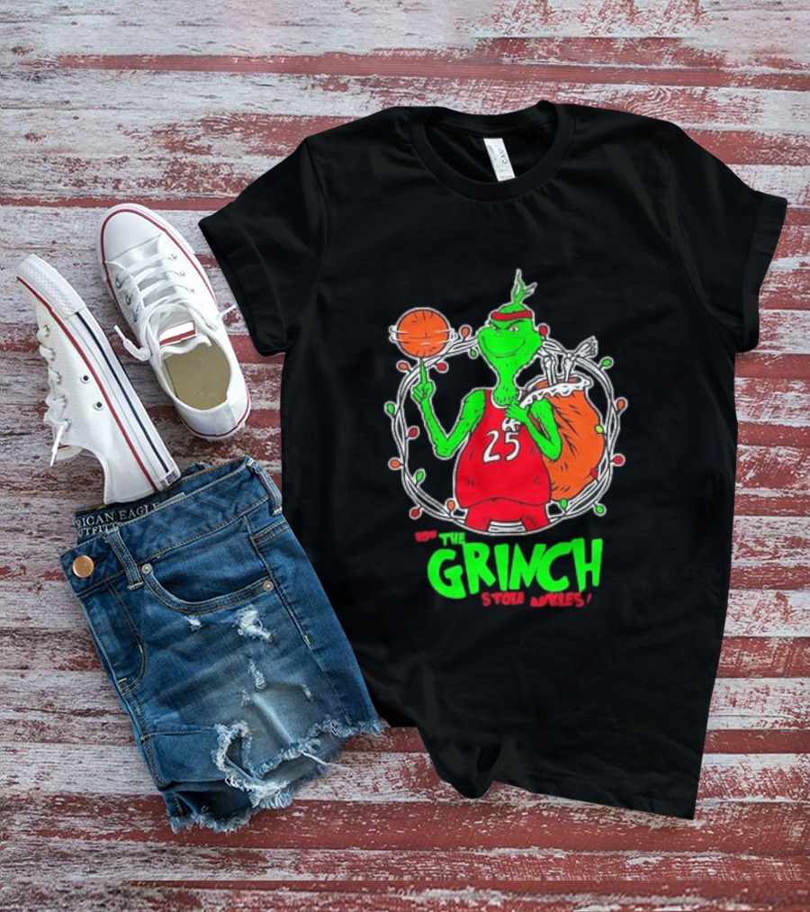 The Grinch Basketball Christmas Lights Jersey 25 Stole Ankles Green T-Shirt